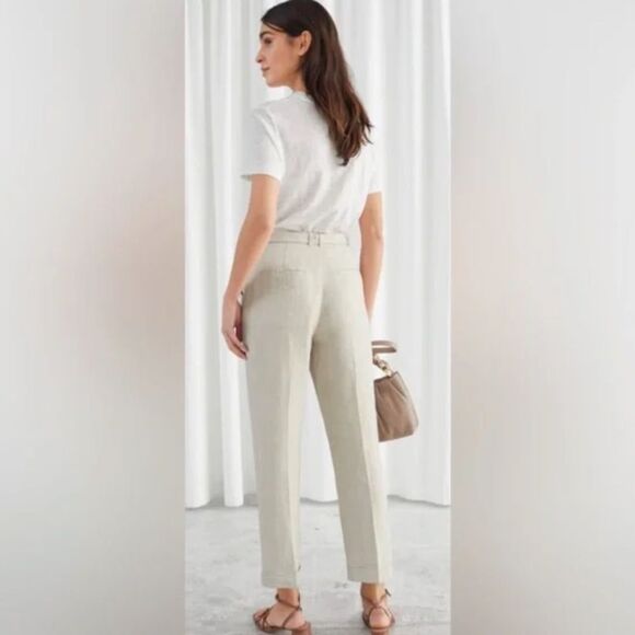 & Other Stories Linen belted trousers size 2 high waisted minimalist beige - Picture 16 of 16